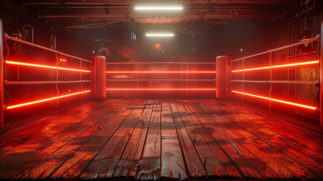 boxing ring sits empty under glowing red lights in a dark loft, with the anticipation of a fight night looming.