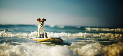 The dog is surfing. Summer holiday and water sports concepеt. Summer vacation and holiday concept.