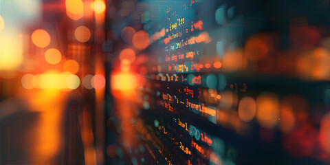 Binary code in data center. Abstract technology and security concept. Data from code with blur effect. High speed connection. Web banner.
