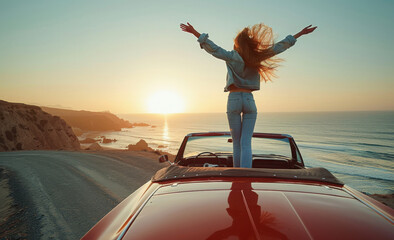 Freedom, adventure and woman by car for road trip watching sunset on summer vacation or holiday. Travel, beach and back of person by sea with vehicle for happiness with self discovery in Italy.