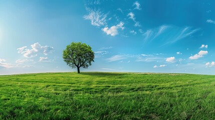 Fototapeta premium Green grassy field with blue sky and one tree.