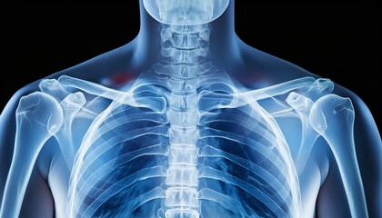 An x-ray of the chest area of a human; x-ray film; black background