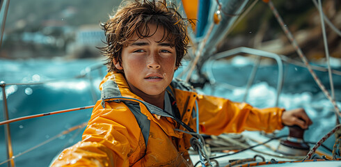  boy is sailing the small regatta sailboat, black hair, look camera, brown skin, in the style of light orange and light magenta, quito school,