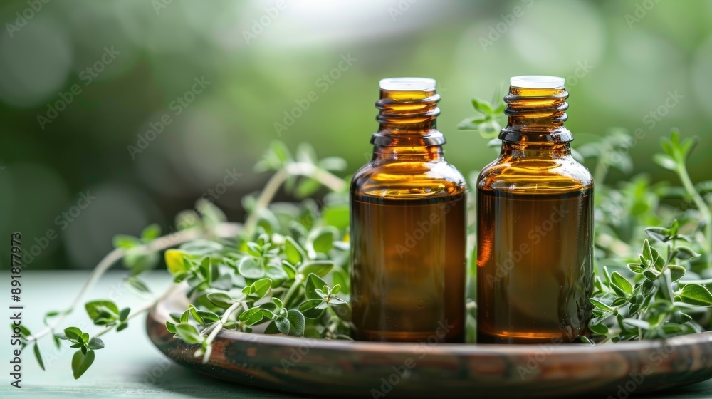 Canvas Prints thyme essential oil in green thyme leaves two small brown glass bottles space for text