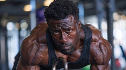 A fit black man using a kettlebell for a workout at the gym. He's building muscle and strength through weightlifting.