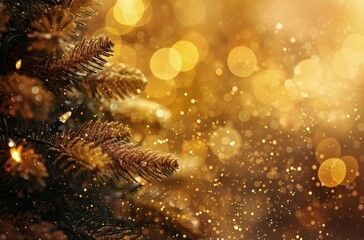 Golden Pine Branch With Bokeh Lights