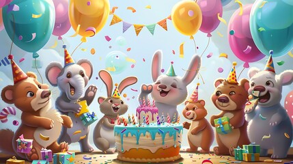 Festive Birthday Celebration Featuring Cartoon Bears Rabbits and Elephants with Party Hats Holding Gifts Surrounded by Colorful Balloons Floating Confetti and a Big Birthday Cake in a Joyful Setting