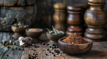 Assorted Spices and Herbs on Rustic Wooden Table