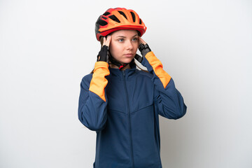 Young cyclist Lithuanian woman isolated on white background having doubts and thinking