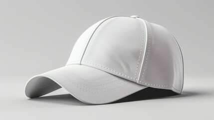 blank white baseball cap lies on a gray surface, ready to be customized with a logo or design.