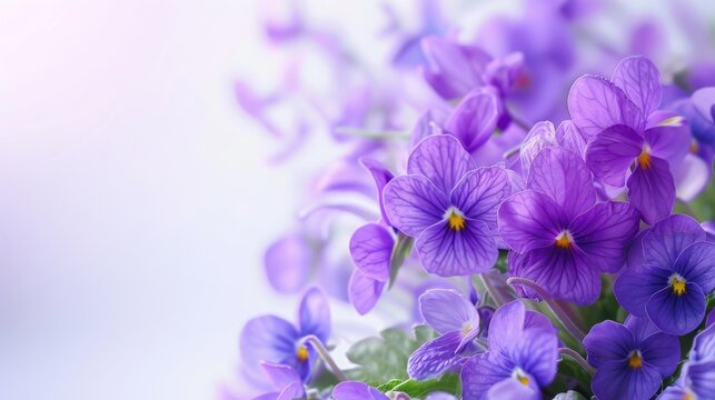 Fototapeta Sweet smelling violets in a spring bouquet on white background Easter theme Close up with blurred background