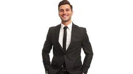 Confident Man in Black Suit Smiling Professionally on a Clean White Background Perfect for Business Portraits