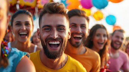 Joyful friends celebrating together at a vibrant outdoor party with colorful balloons and smiles.