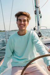 
lifestyle mockup of a 20 year old man on the deck of a sailboat wearing a garment-dyed Comfort Colors 1566 pullover in the color of mint turquoise smiling at the helm of a sailboat