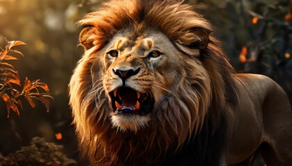 Obraz premium Roaring Lion in Jungle Setting.