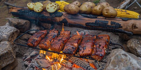 Outdoor Camping Feast with Grilled Pork Ribs, Potatoes, Bread, and Corn Over Open Fire - Rustic Barbecue Cooking