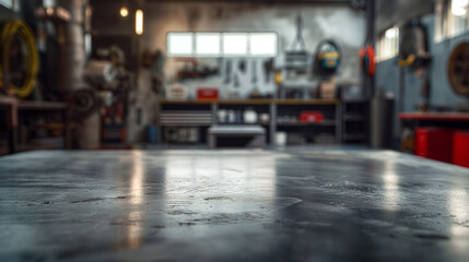 A metal blank tabletop with blurred automotive tools and parts in the background suitable for promoting automotive products