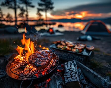 Family camping trip in a national park, bonding over firecooked meals and stories under the stars