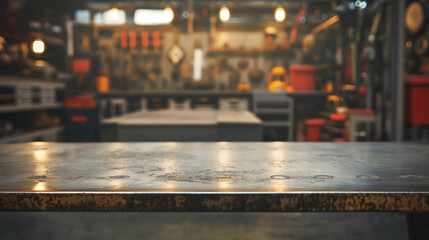 A metal blank tabletop with blurred automotive tools and parts in the background suitable for promoting automotive products