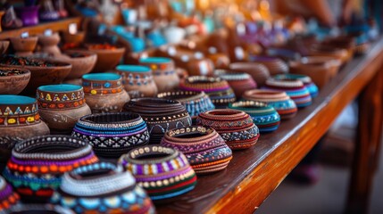 Handmade crafts at a local market, artisans displaying their skills and colorful creations