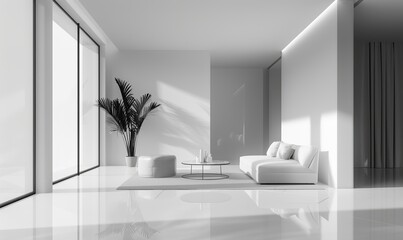 Clean lines and uncluttered spaces define this minimalist living room, blending serene whites and grays for a tranquil, modern ambiance