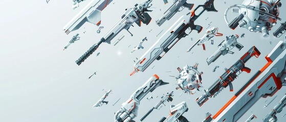 A collection of weapons and space debris floating in the air