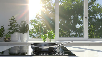A new steel frying pan on a black mirrored gas stove within a white interior. A large window in the background lets in bright sunlight and reveals a lush green tree outside.