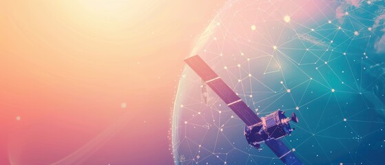 A satellite is flying over a colorful planet