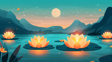 The river is floating lotus lantern lotus lantern poster illustration of Hungry Ghost Festival

