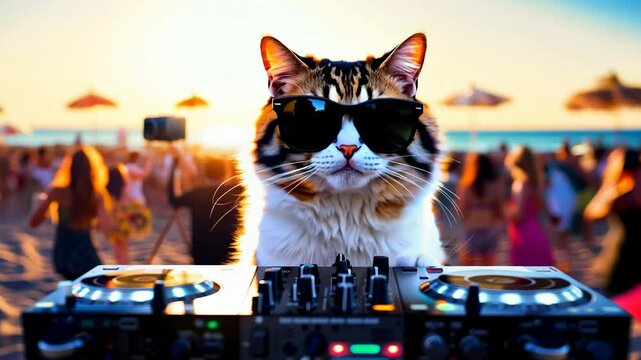 Cat Playing DJ Disc Table at Summer Beach Fest, funny pet cat