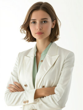 Jeune femme europ&eacute;enne aux cheveux bruns debout, bras crois&eacute;s, avec une veste tailleur blanche, une chemise verte, portrait de studio sur arri&egrave;re-plan blanc