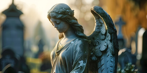 A serene angel statue in a peaceful cemetery. Suitable for funeral services or religious themes