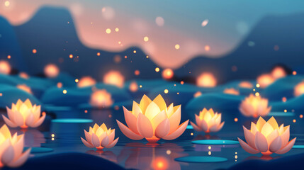 The river is floating lotus lantern lotus lantern poster illustration of Hungry Ghost Festival
