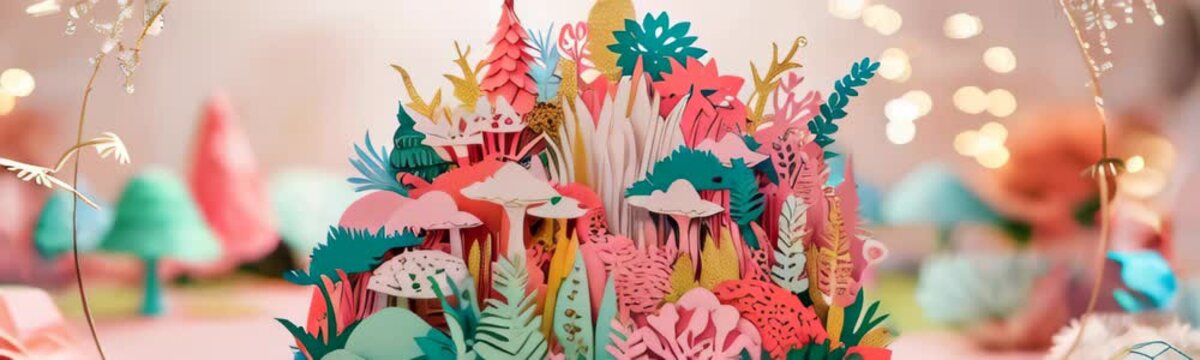 Paper cut colorful fantasy forest with pink and green trees and mushrooms. paper origami. Paper art style background