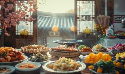 Chuseok harvest festival with traditional Korean food and dance in September