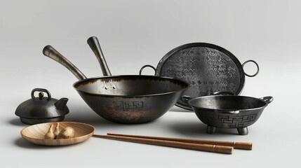 "Collection of cooking utensils including a wok, various pots, and other cookware. The scene showcases a range of kitchen essentials designed for preparing meals,