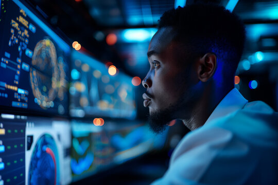 Inclusive image of a black IT ethical hacker software developer working on computer in dark office, Generative AI. African american AI cyber security analyst detecting artificial intelligence threats