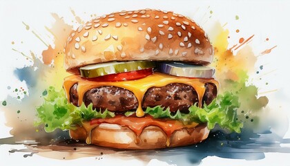  A delectable hamburger with melted cheese and crispy lettuce, hand-painted in watercolor, wi 