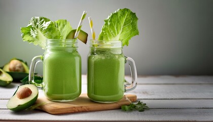 A pair of glass jar mugs with green smoothie, garnished with avocado slices and lettuce, pos