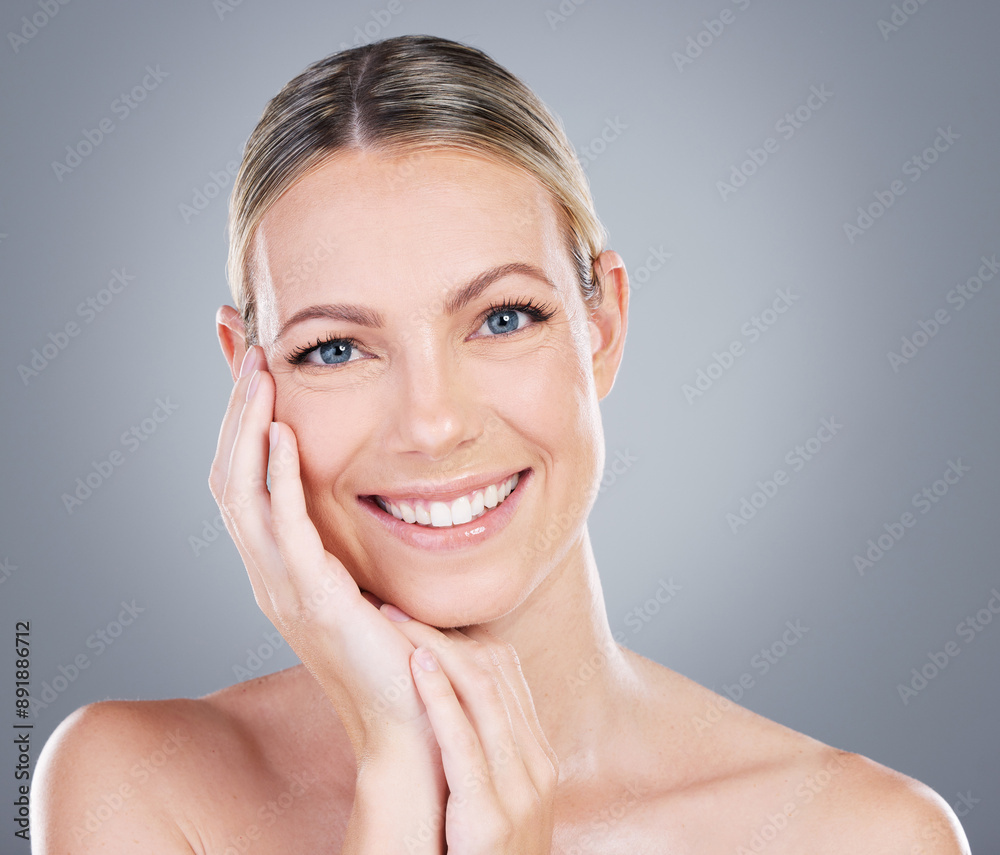 Sticker Woman, touch and beauty in studio for skincare, smile and luxury spa treatment on gray background. Girl, happy and confidence for healthy skin, self care and wellness with facial transformation