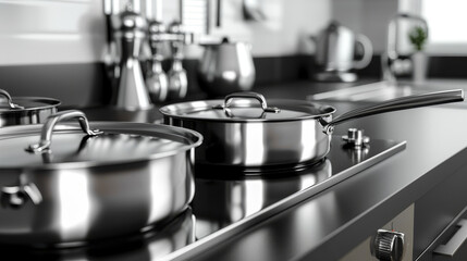 Stainless steel cooking pots on a white induction hob in the kitchen, creating a clean and modern food cooking background.