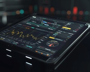 Financial data on digital tablet, trading chart, dark background, futuristic stock market analysis, 3D rendering,