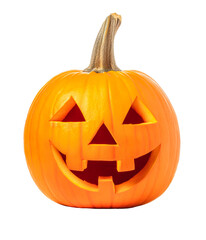 Fototapeta premium Halloween pumpkin carved with smiling face, isolated on transparent background. PNG file. 