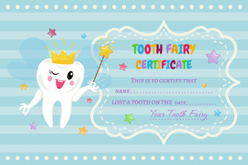 Certificate from the cartoon tooth fairy for pediatric dentistry. Cute tooth with wings in a crown and with a magic wand in his hand. Diploma for children whose baby teeth are falling out.