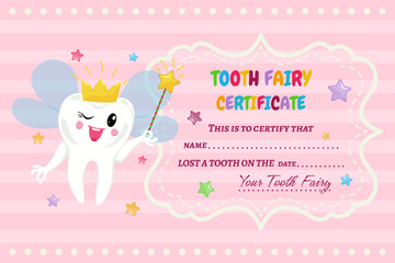 Children's Tooth Fairy Certificate for Pediatric Dentistry. Cute tooth with wings in a crown and with a magic wand in his hand. Diploma for children whose baby teeth are falling out.