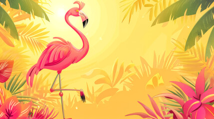 Pink flamingo standing on one leg in tropical jungle