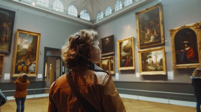 A woman stands in front of a wall of paintings in a museum