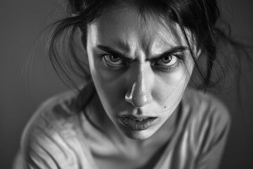 Fototapeta premium A woman with her mouth open and her eyes wide, looking angry