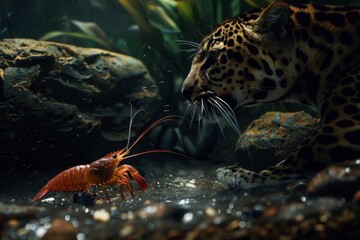 A large jaguar is stalking a small crab in a rocky area