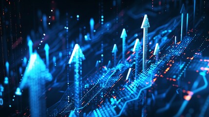 Upward arrows, digital background with stock market charts, financial growth, abstract futuristic graphics,